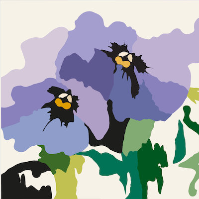 Textil konst med två blå blommor som uttrycker längtan. Tryckta på sammet.